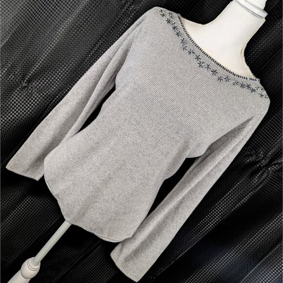 ALL POINTS! MARLED ASH GRAY & WHITE, BLUE/GRAY BEADED COLLAR SWEATER! SZ L - Picture 1 of 8